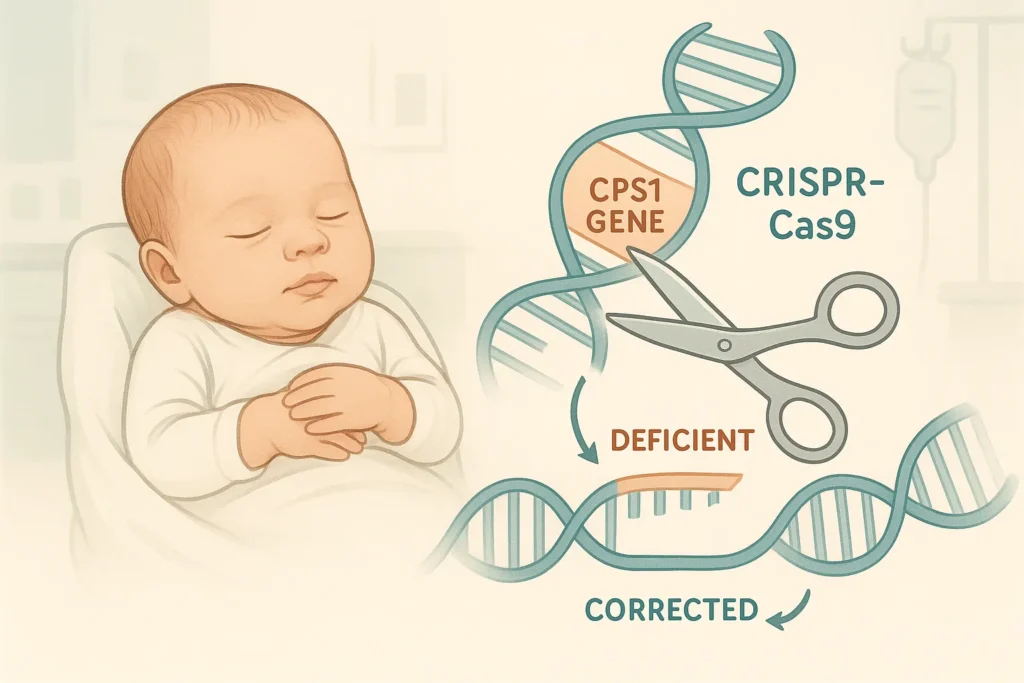 Illustration de nanoparticules lipidiques ciblant le foie délivrant des base editors CRISPR-Cas9 pour corriger le déficit en CPS1 chez un nouveau-né.