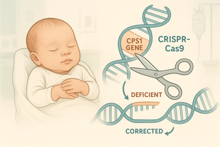 Illustration de nanoparticules lipidiques ciblant le foie délivrant des base editors CRISPR-Cas9 pour corriger le déficit en CPS1 chez un nouveau-né.