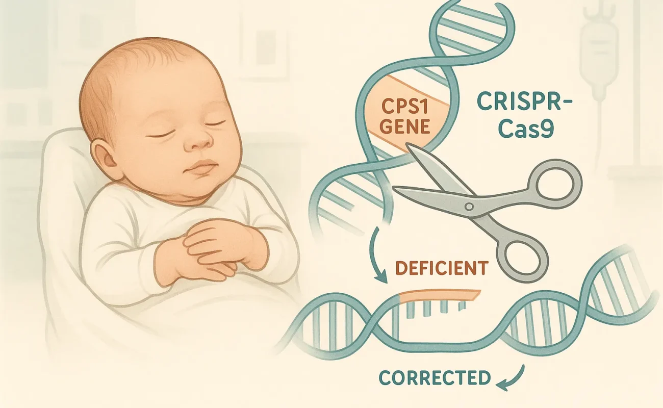Illustration de nanoparticules lipidiques ciblant le foie délivrant des base editors CRISPR-Cas9 pour corriger le déficit en CPS1 chez un nouveau-né.